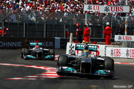 Rosberg and Schumacher at one of Monaco's chicanes in 2011